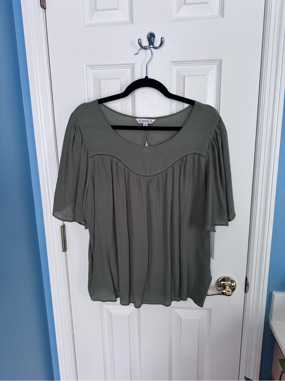 Nanette Lepore Olive Green Scoop Neck Peasant Blouse